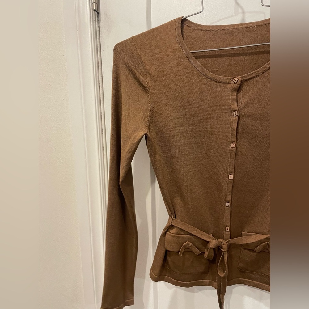 Silk Brown Button-Up Women's cardigan with tie waist - Picture 8 of 16